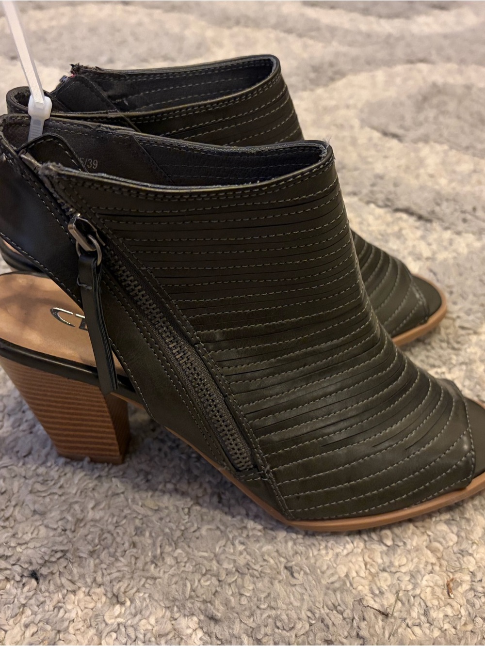 CL Laundry Olive Quilted Open-Toe Ankle Booties with Stacked Heel